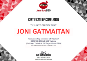 Joni G SEO Certificate